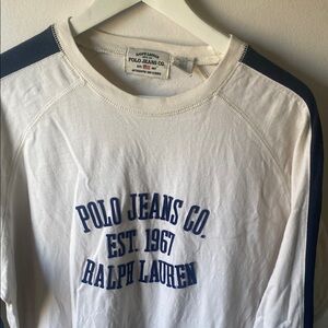 Ralph Lauren Polo Jeans Co. Beige and navy Blue Long Sleeve w/ velvet lettering
